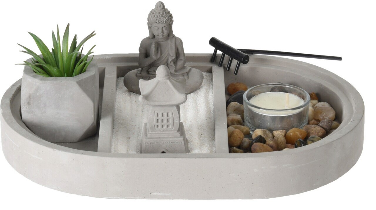 Suport pentru lumanari Buddha zen garden oval, 25x17x9 cm, ciment, gri - imagine 3